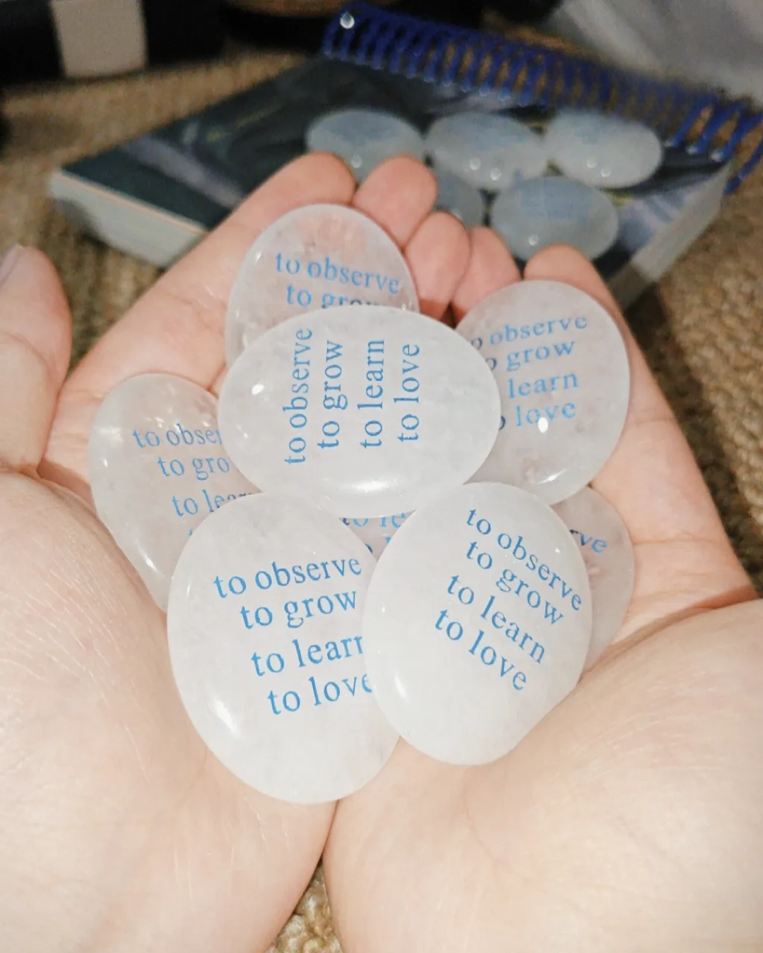 Clear Quartz Palm Stone - “To Observe, To Grow, To Learn, To Love”