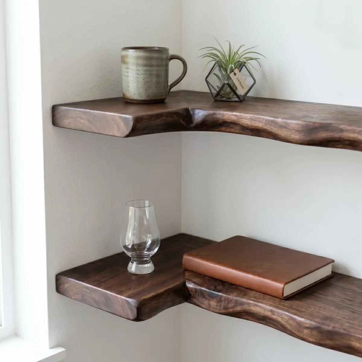 Live Edge Solid Wood L-Shaped Corner Floating Shelf