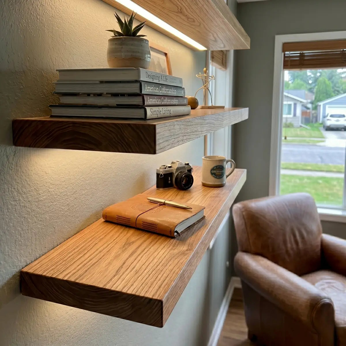 Solid Elm Wood Floating Shelf with Optional LED Light