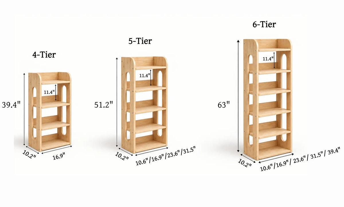 4-tier 5-tier and 6-tier solid pine narrow storage shelf size comparison in inches