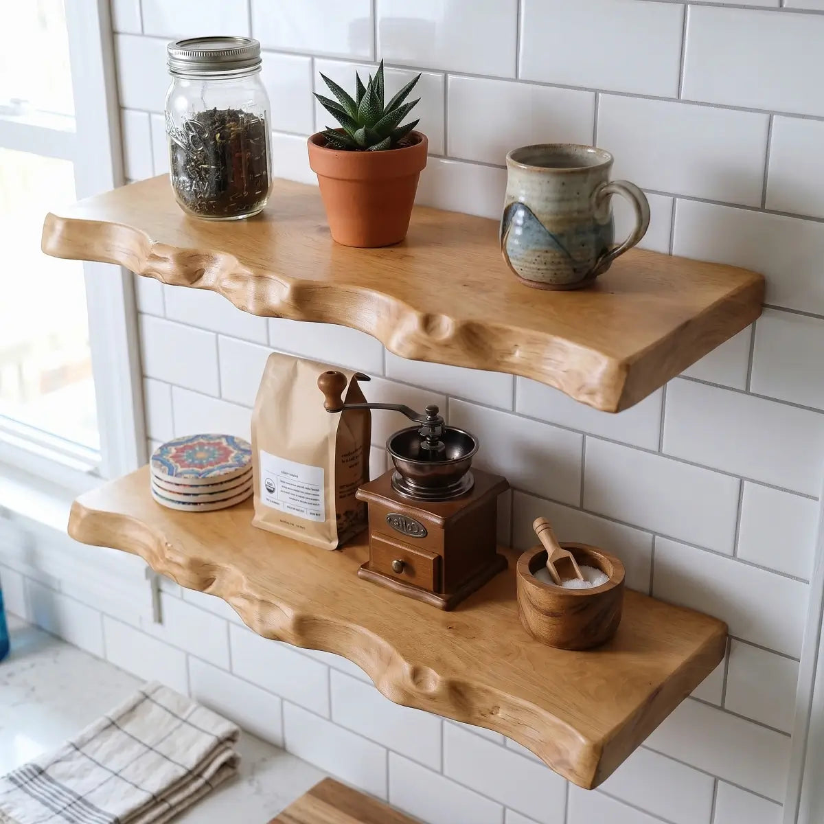 Solid Wood Organic Edge Floating Shelf – 1.2", 1.5" & 2" Thick Options