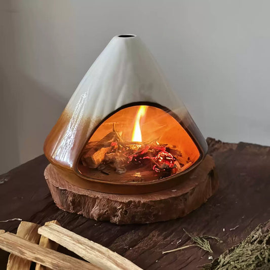 Handmade Ceramic Incense Burner – White Gradient Mountain Fireplace Design