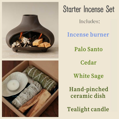 Handmade Ceramic Palo Santo Burner Holder – Mini Fireplace Incense Burner (Matte Charcoal)