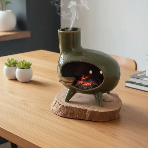 Handmade Ceramic Incense Burner – Retro Green Fireplace Design