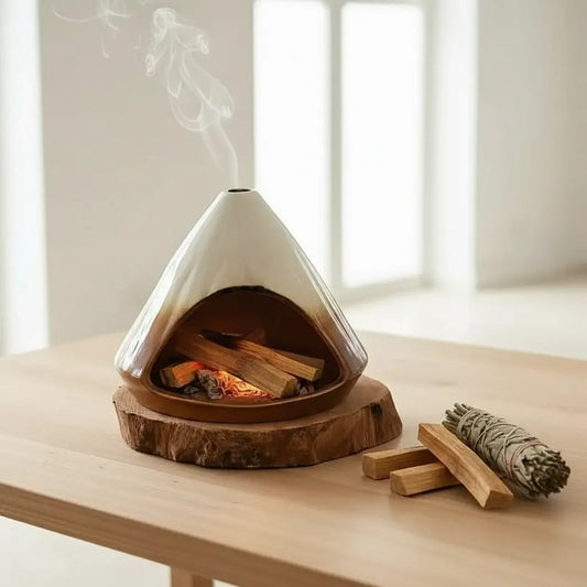 Handmade Ceramic Incense Burner – White Gradient Mountain Fireplace Design