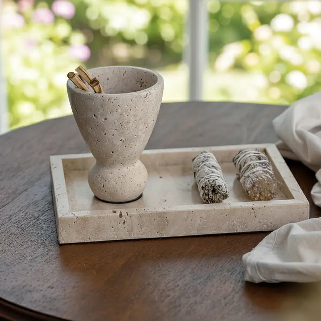Natural Travertine Stone Incense Burner Set