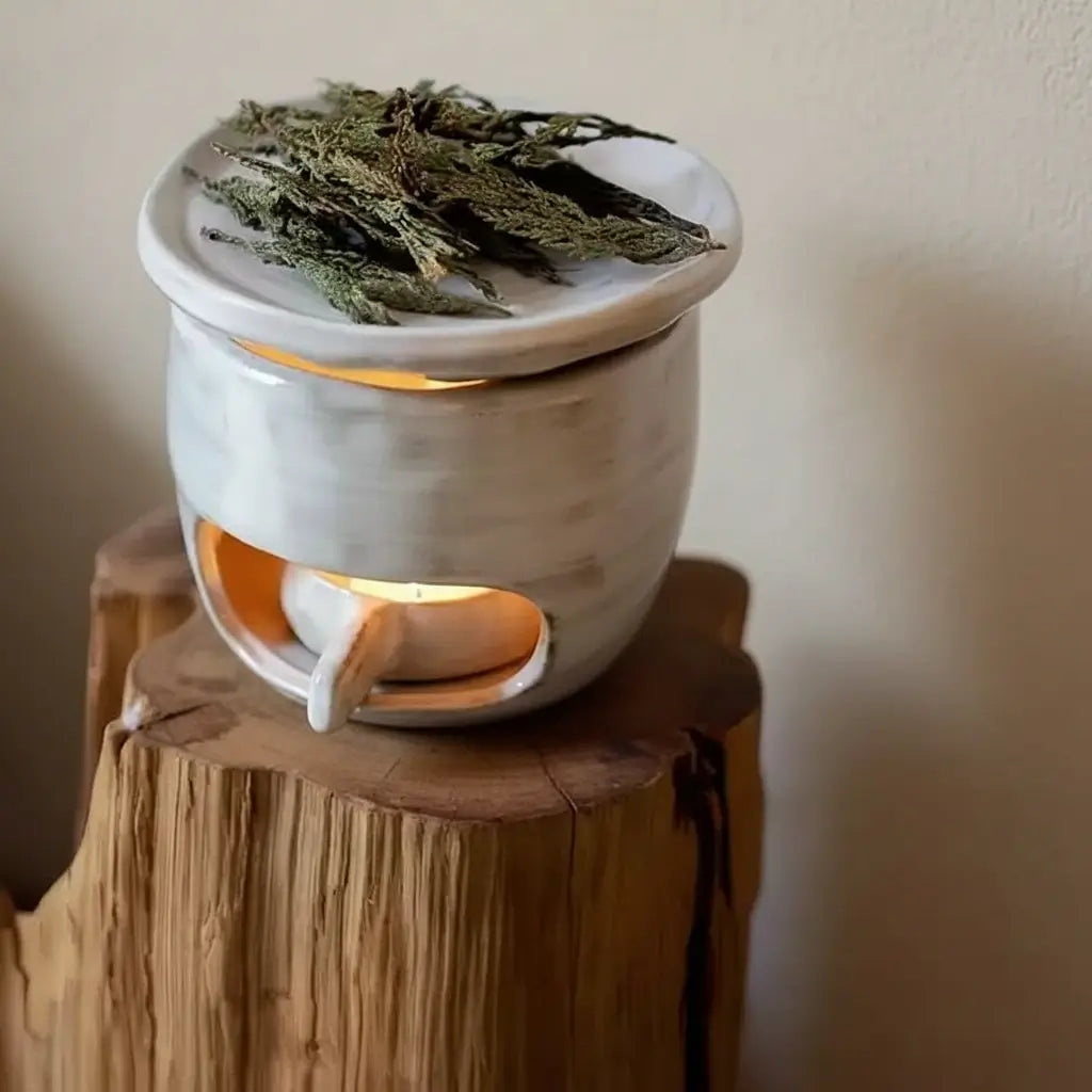 Handmade Ceramic Incense Burner – White & Black Tealight Design