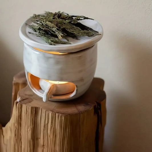 Handmade Ceramic Incense Burner – White & Black Tealight Design