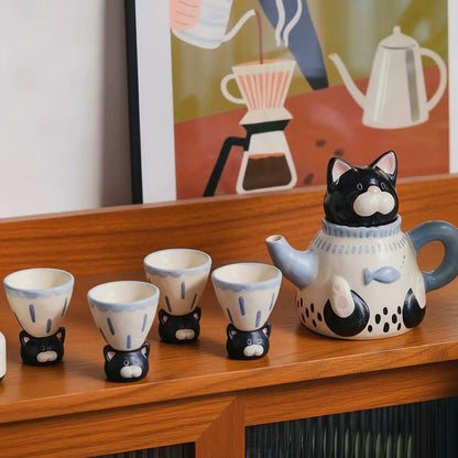 Cute Cat Ceramic Tea Set – Teapot & Mini Cups, Handcrafted Animal Design, Home Decor & Gift for Cat Lovers