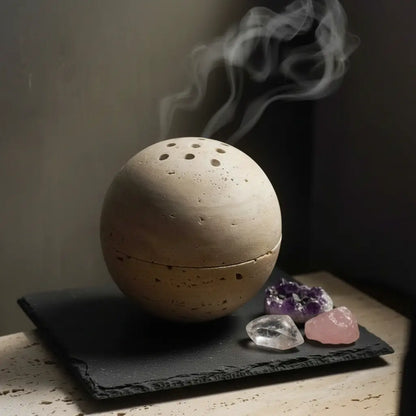 Natural Travertine Sphere Incense Burner