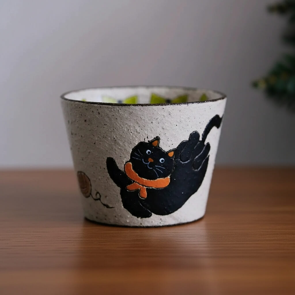 Handcrafted Black Cat Ceramic Cup / Mug — Vintage Brushwork & Textured Pottery