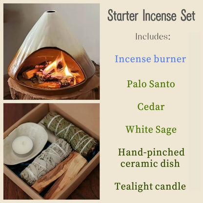 Handmade Ceramic Incense Burner – White Gradient Mountain Fireplace Design
