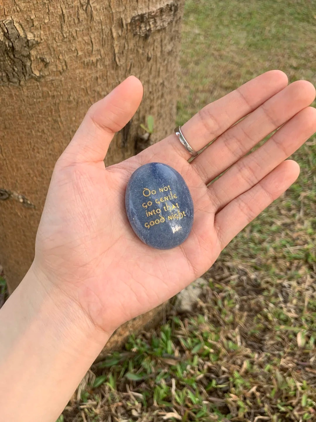 Blue Aventurine Palm Stone - “Do Not Go Gentle Into That Good Night”