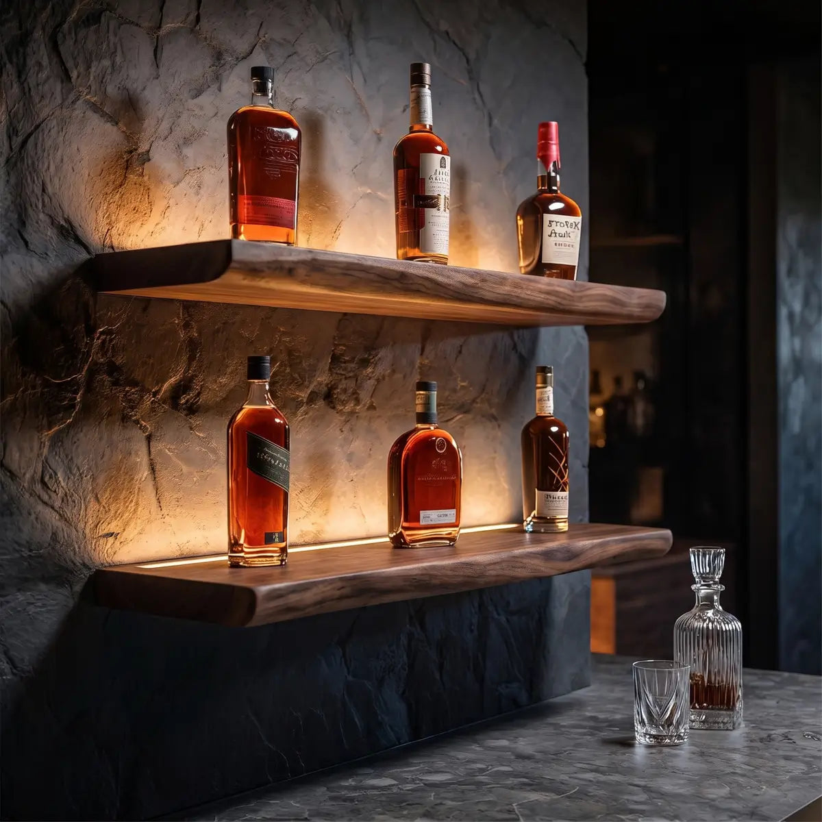 Solid Wood Live Edge Floating Shelf with Hardwired LED Light