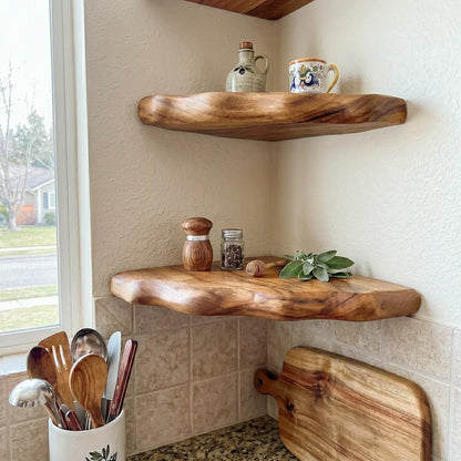 Organic Edge Solid Wood Corner Floating Shelf