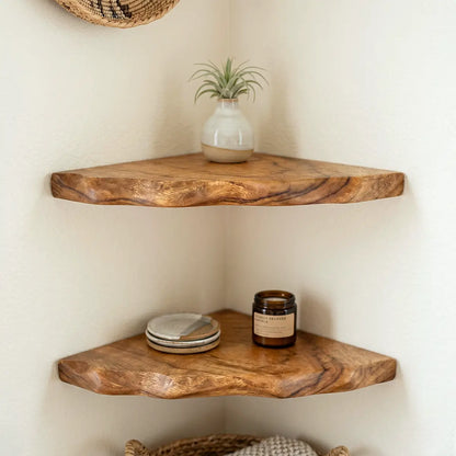 Organic Edge Solid Wood Corner Floating Shelf