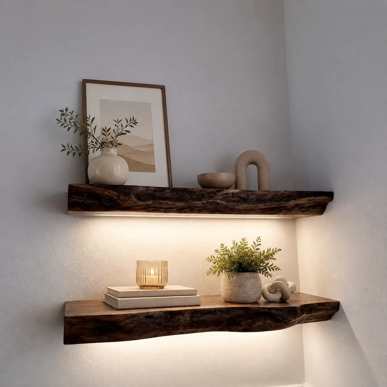 Solid Wood Live Edge Floating Shelf with Hardwired LED Light