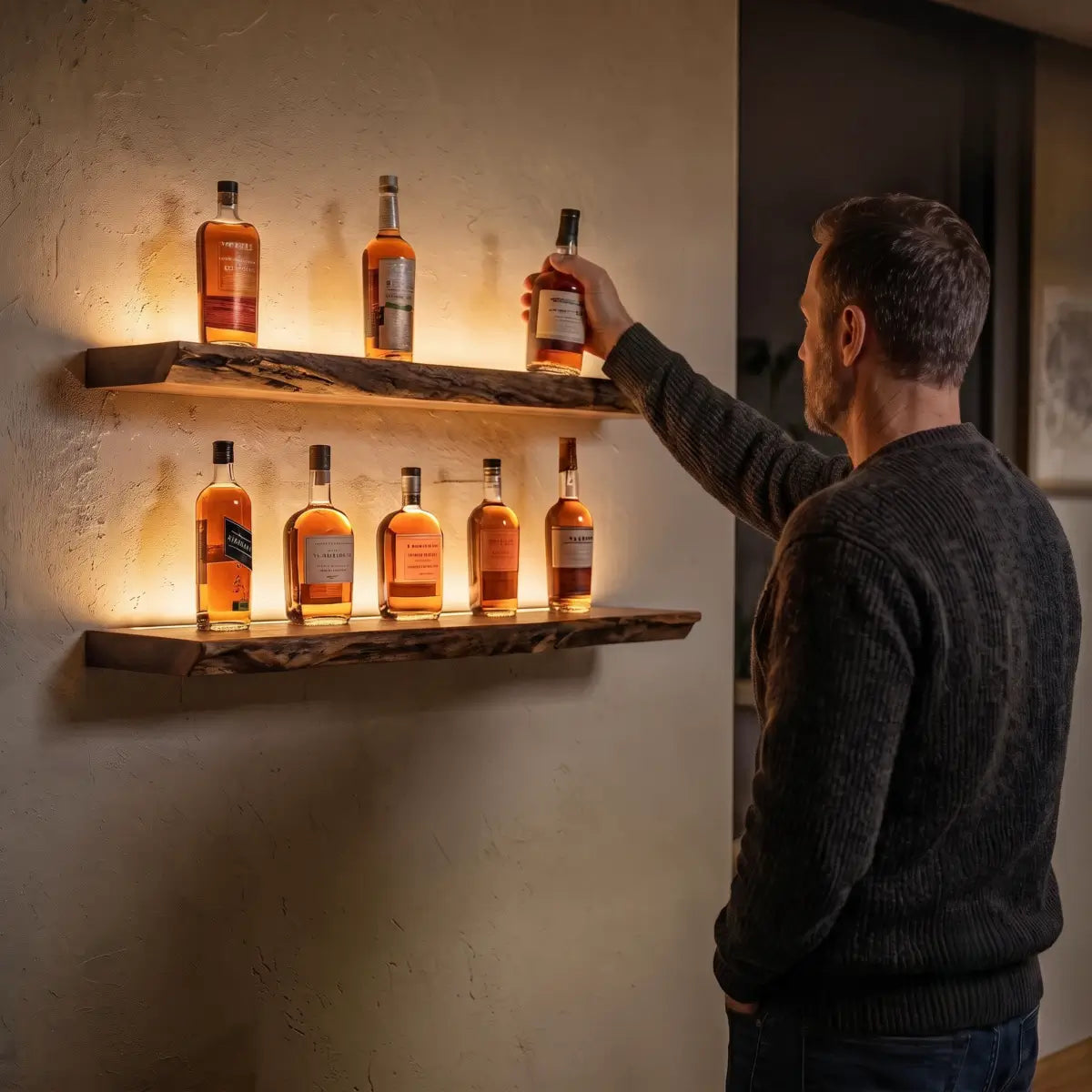 Solid Wood Live Edge Floating Shelf with Hardwired LED Light