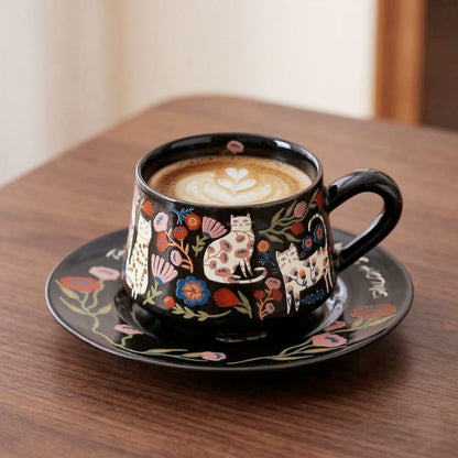 Floral Cat Ceramic Cup & Saucer Set