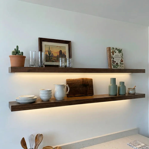 Solid Black Walnut Wood Straight Edge Floating Shelf with LED Light