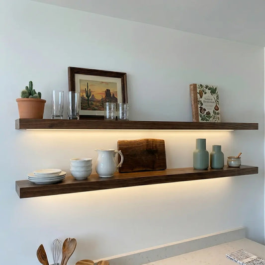 Solid Black Walnut Wood Straight Edge Floating Shelf with LED Light