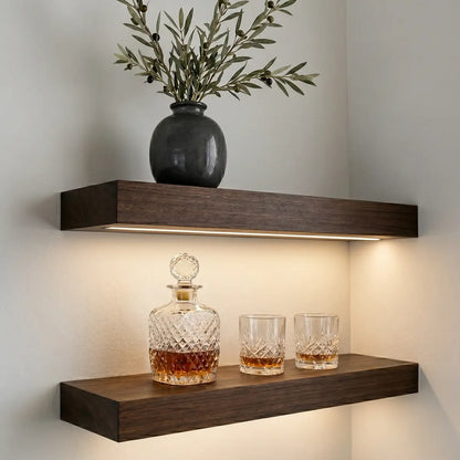 Solid Black Walnut Wood Straight Edge Floating Shelf with LED Light