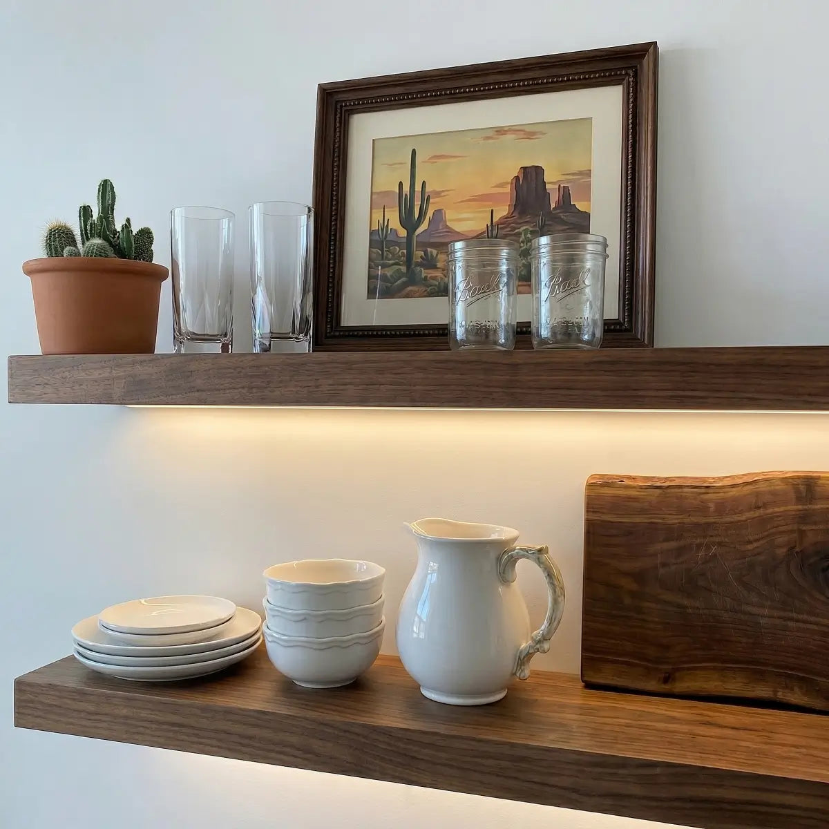 Solid Black Walnut Wood Straight Edge Floating Shelf with LED Light
