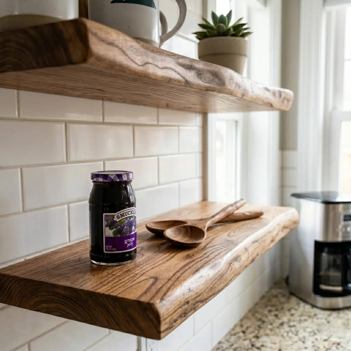 Solid Elm Wood Floating Shelf with Optional LED Light | Live Edge or Straight Edge Wall Shelf