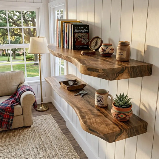 Solid  Wood Live Edge Floating Shelf, 1.2" Thick Wall Mounted Shelf with Hidden Bracket