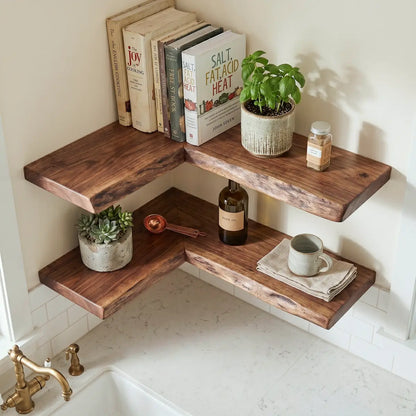 Live Edge Solid Wood L-Shaped Corner Floating Shelf
