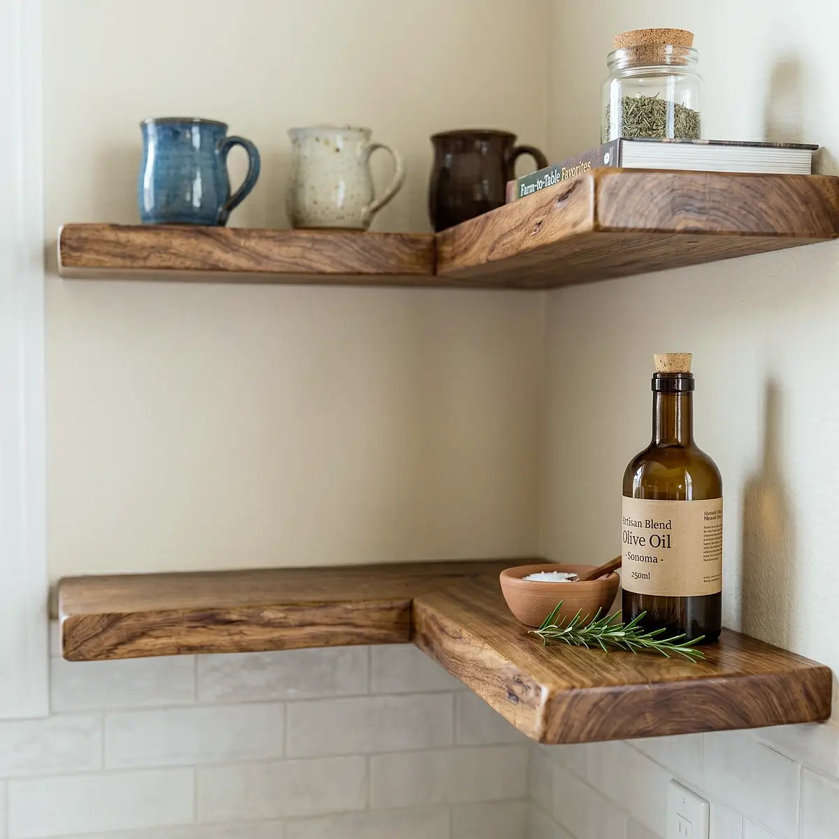 Live Edge Solid Wood L-Shaped Corner Floating Shelf
