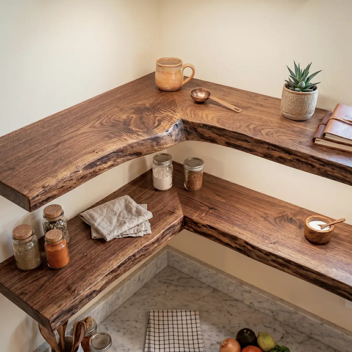 Live Edge Solid Wood L-Shaped Corner Floating Shelf