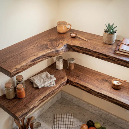 Live Edge Solid Wood L-Shaped Corner Floating Shelf