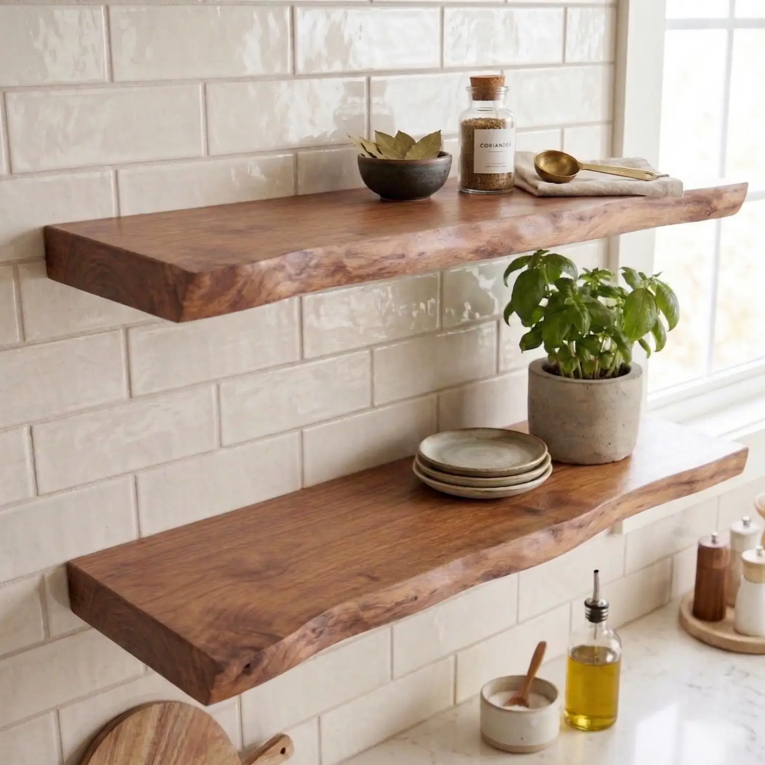 Solid wood live edge wall shelf for plants, books, and everyday decor
