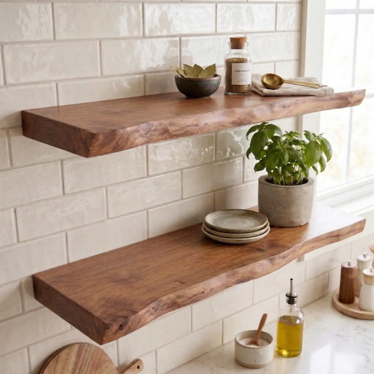 Solid wood live edge wall shelf for plants, books, and everyday decor