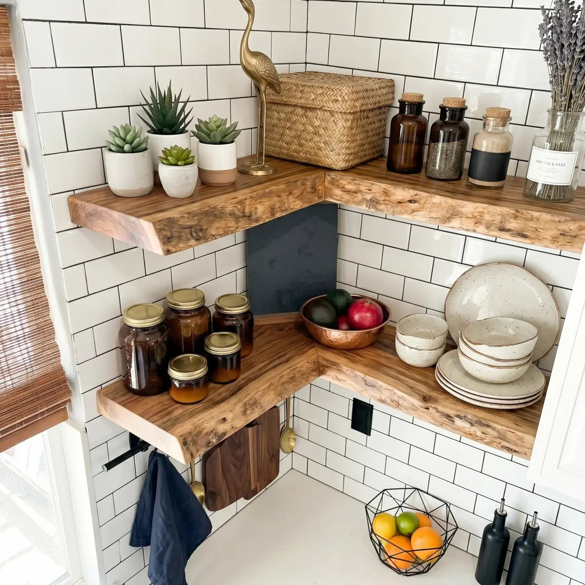 Live Edge Solid Wood L-Shaped Corner Floating Shelf