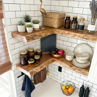 Live Edge Solid Wood L-Shaped Corner Floating Shelf