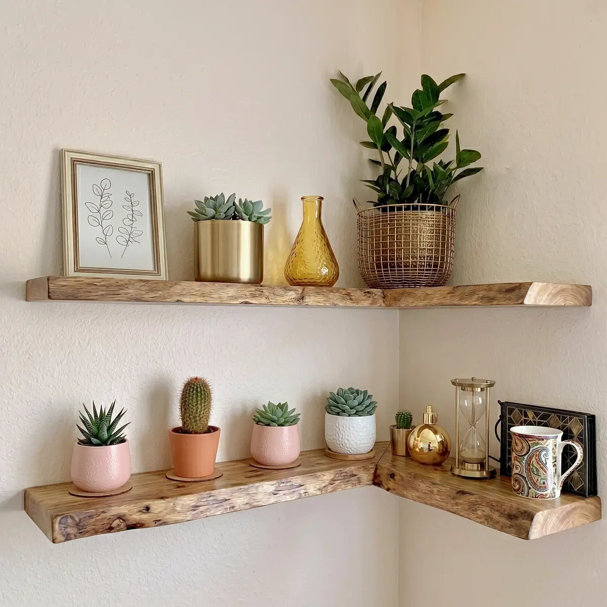Live Edge Solid Wood L-Shaped Corner Floating Shelf