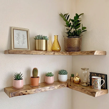 Live Edge Solid Wood L-Shaped Corner Floating Shelf