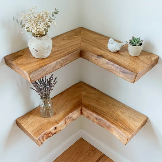 Live Edge Solid Wood L-Shaped Corner Floating Shelf