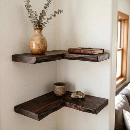 Live Edge Solid Wood L-Shaped Corner Floating Shelf