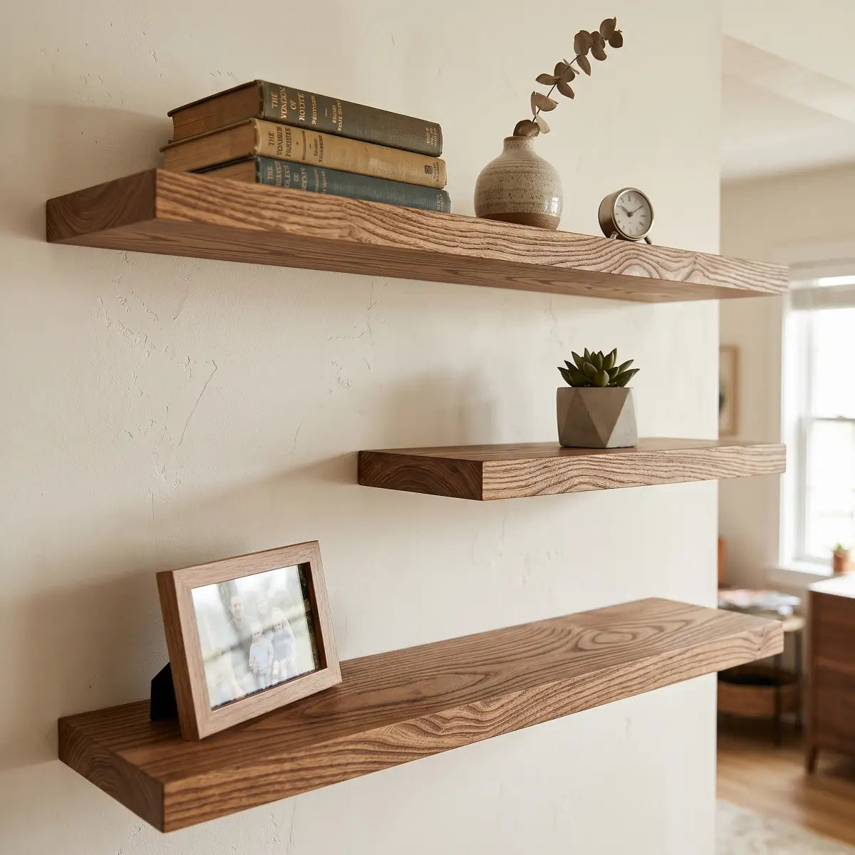 Solid Elm Wood Floating Shelf with Optional LED Light | Live Edge or Straight Edge Wall Shelf