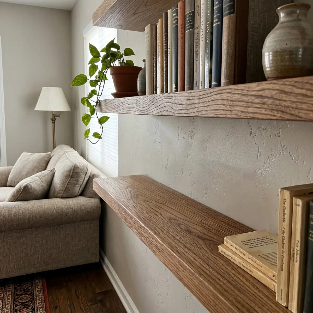 Solid Elm Wood Floating Shelf with Optional LED Light | Live Edge or Straight Edge Wall Shelf