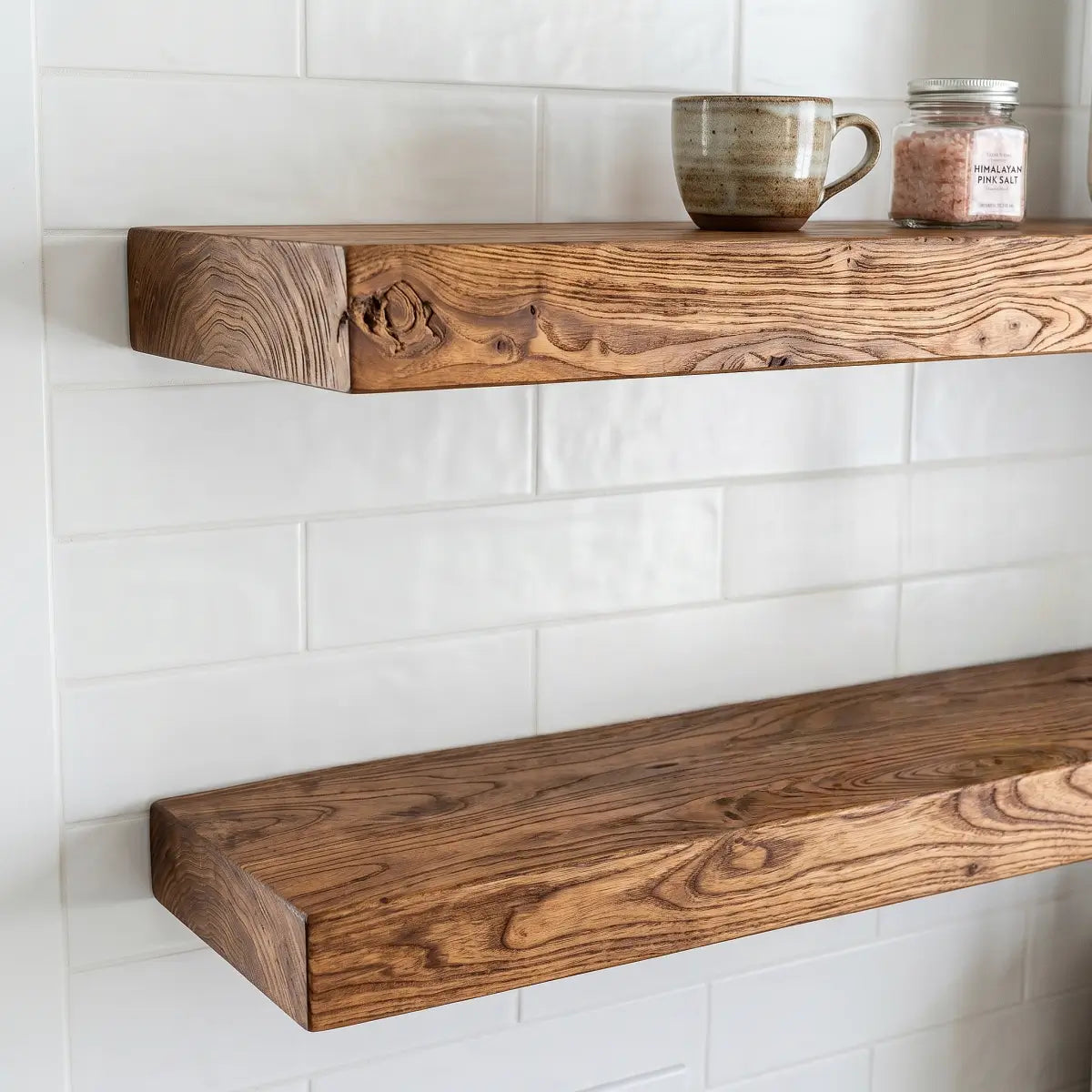 Solid Elm Wood Floating Shelf with Optional LED Light | Live Edge or Straight Edge Wall Shelf