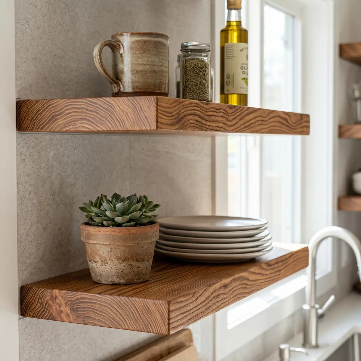 Solid Elm Wood Floating Shelf with Optional LED Light | Live Edge or Straight Edge Wall Shelf