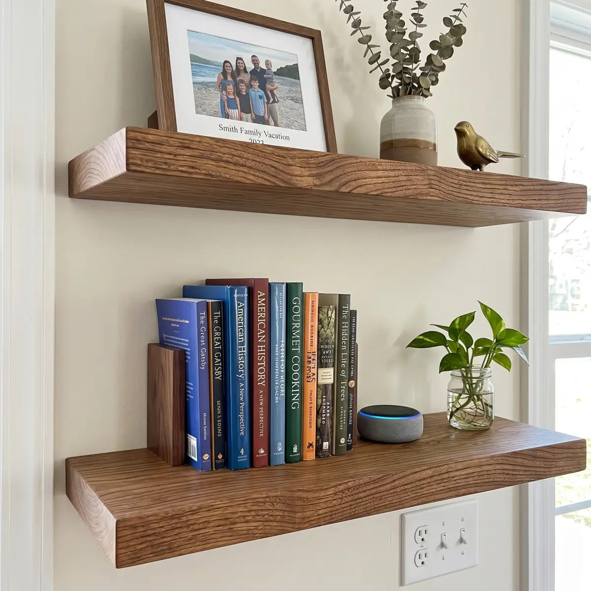 Solid Elm Wood Floating Shelf with Optional LED Light | Live Edge or Straight Edge Wall Shelf