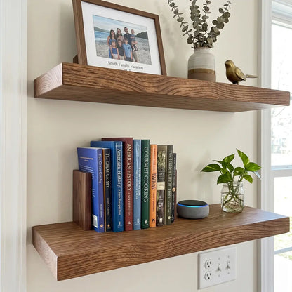 Solid Elm Wood Floating Shelf with Optional LED Light | Live Edge or Straight Edge Wall Shelf