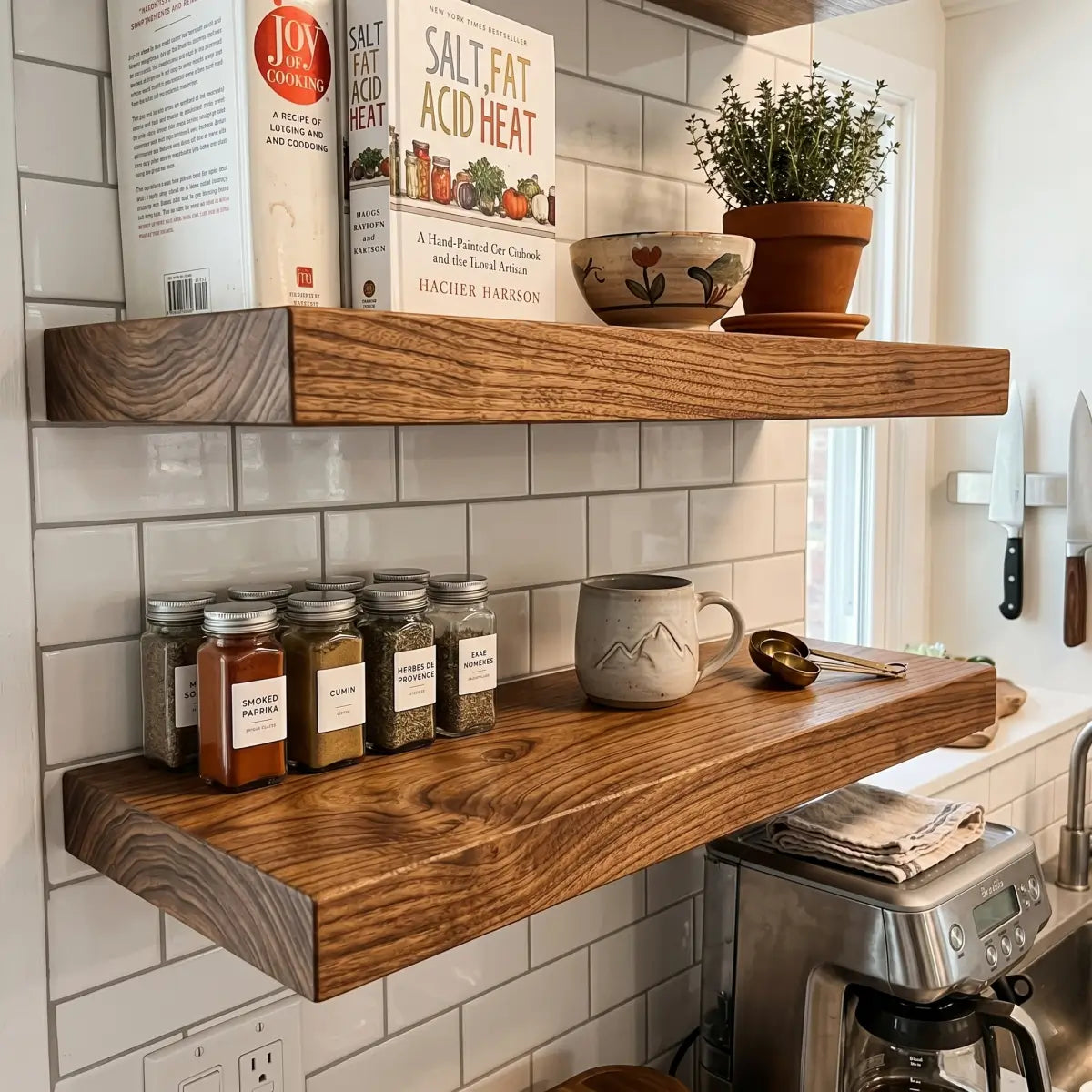 Solid Elm Wood Floating Shelf with Optional LED Light | Live Edge or Straight Edge Wall Shelf