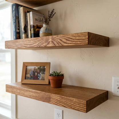 Solid Elm Wood Floating Shelf with Optional LED Light | Live Edge or Straight Edge Wall Shelf