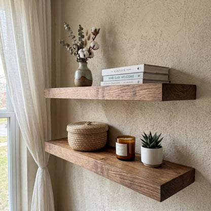 Solid Elm Wood Floating Shelf with Optional LED Light | Live Edge or Straight Edge Wall Shelf